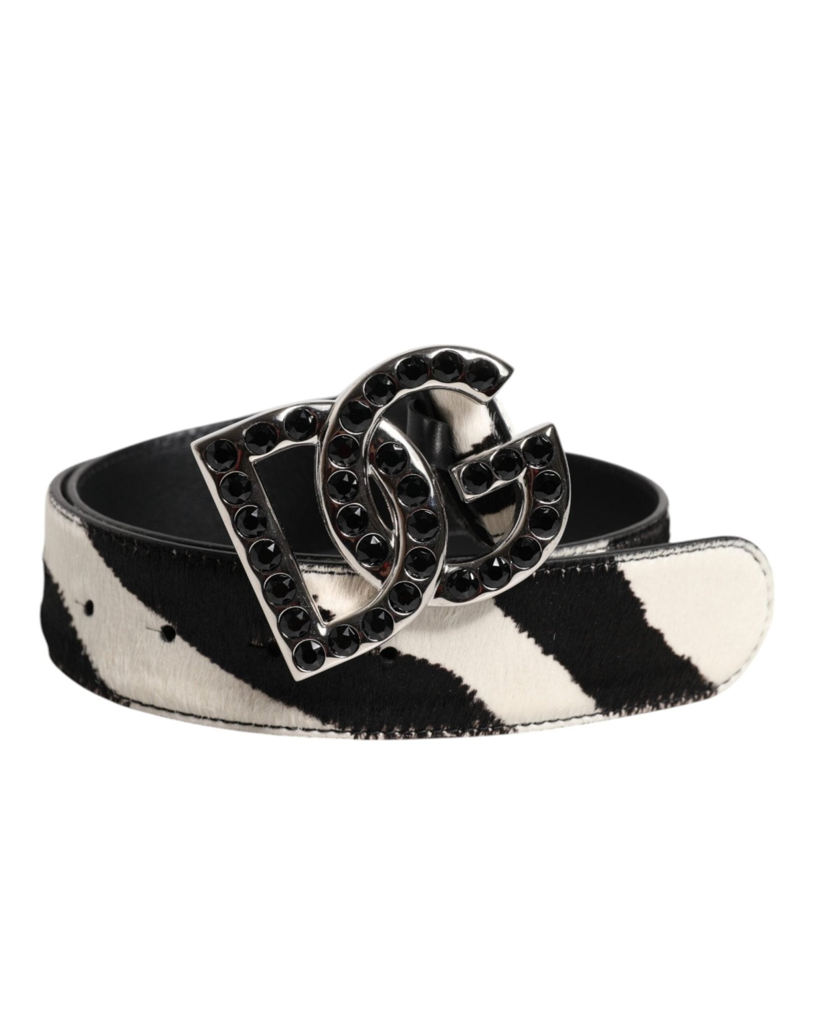 Dolce & Gabbana White Black Leather Zebra DG Crystal Buckle Belt – 75 cm / 30 Inches par Dolce & Gabbana | Disponible sur Sandy Store ByNet