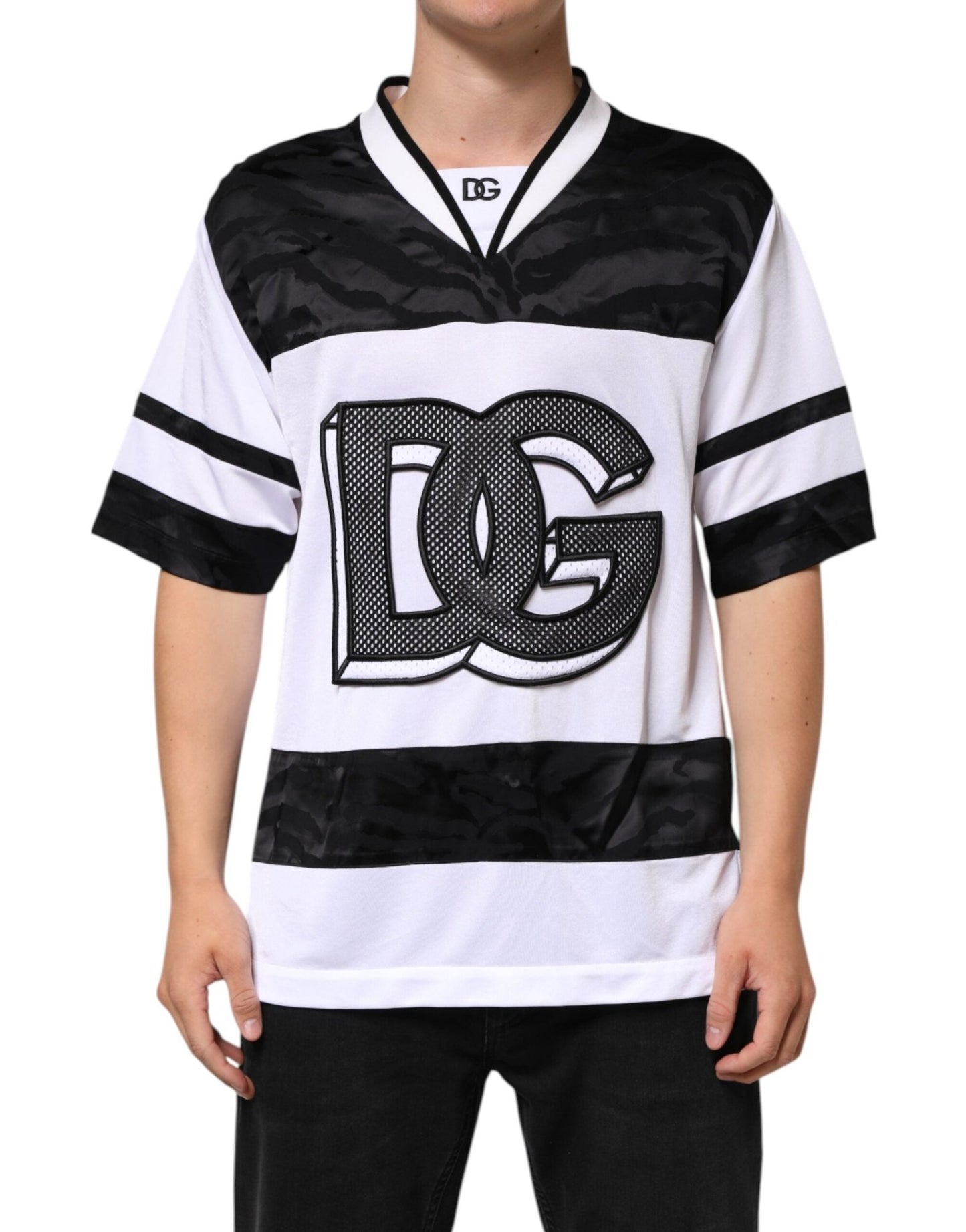 Dolce & Gabbana White Black Polyester DG Logo Mesh Jersey T-shirt – M par Dolce & Gabbana | Disponible sur Sandy Store ByNet