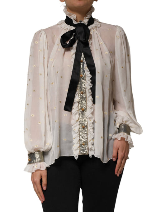Dolce & Gabbana White Black Silk Long Sleeve Ascot Collar Top – IT42|M par Dolce & Gabbana | Disponible sur Sandy Store ByNet