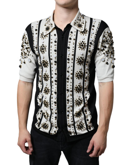 Dolce & Gabbana White Black Silk Studded Stone Crystal Shirt - Sandy Store ByNet