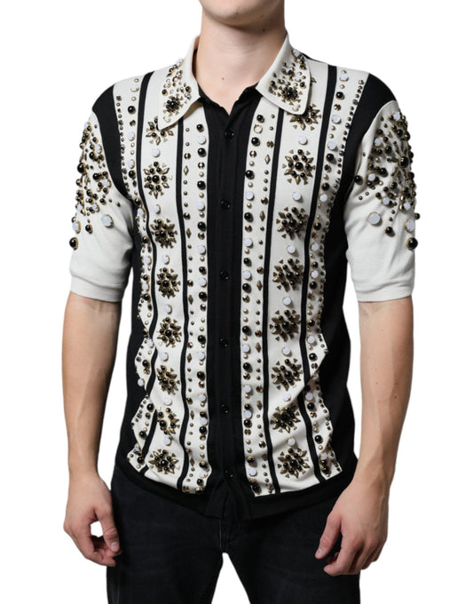 Dolce & Gabbana White Black Silk Studded Stone Crystal Shirt - Sandy Store ByNet
