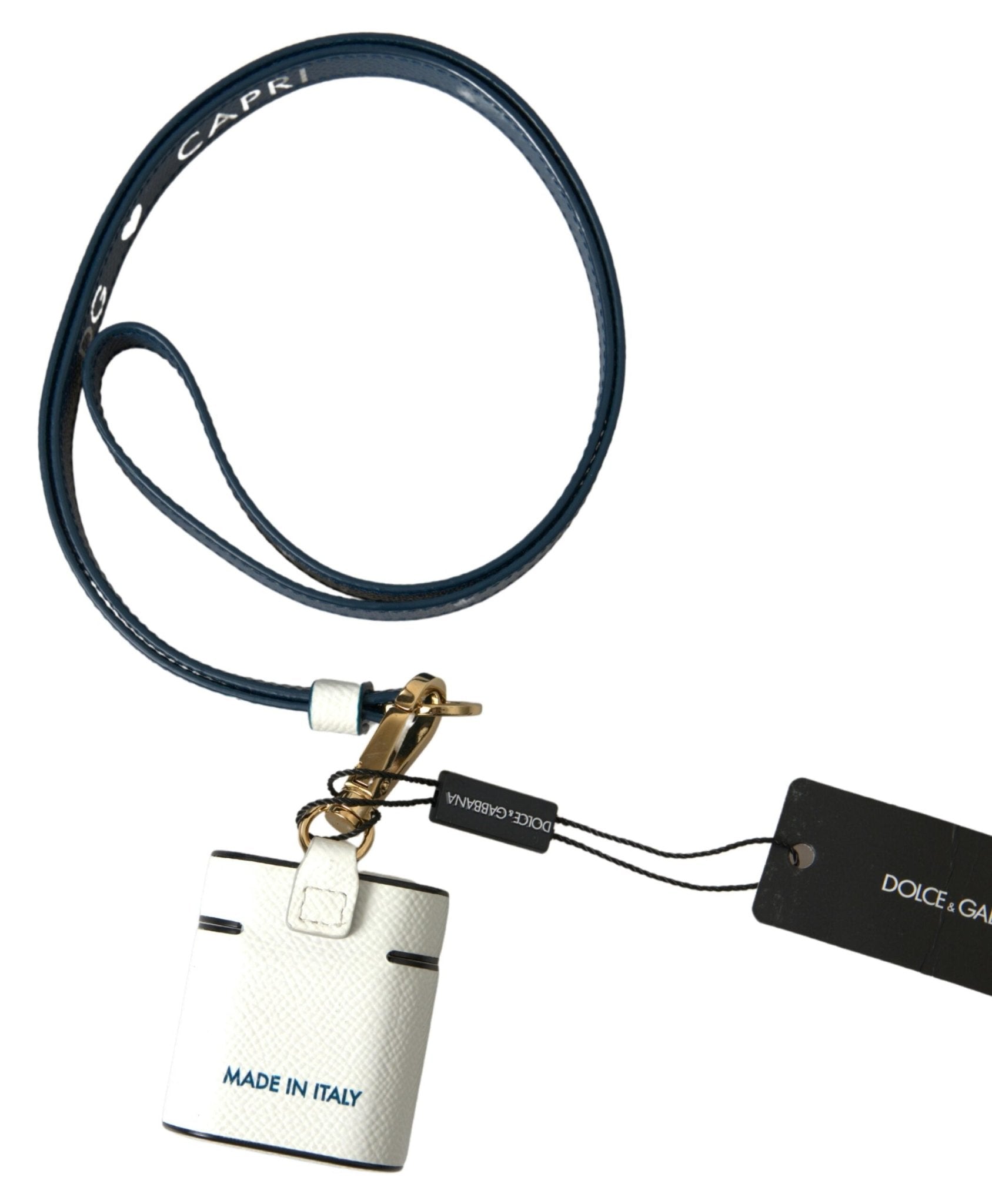 Dolce & Gabbana White Blue Calf Leather Logo Print Strap Airpods Case – par Dolce & Gabbana | Disponible sur Sandy Store ByNet