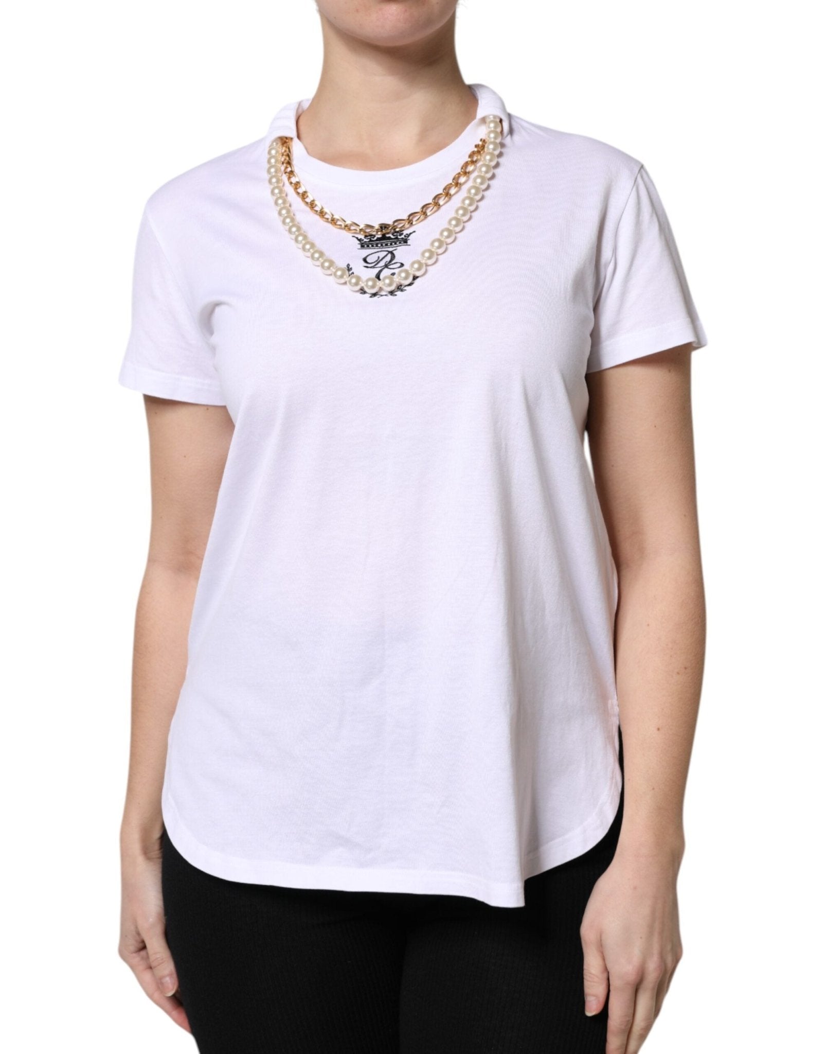 Dolce & Gabbana White Chain Pearl Cotton Round Neck T-shirt – IT42|M par Dolce & Gabbana | Disponible sur Sandy Store ByNet