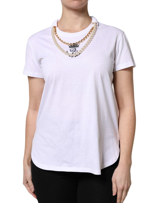 Dolce & Gabbana White Chain Pearl Cotton Round Neck T-shirt – IT42|M par Dolce & Gabbana | Disponible sur Sandy Store ByNet