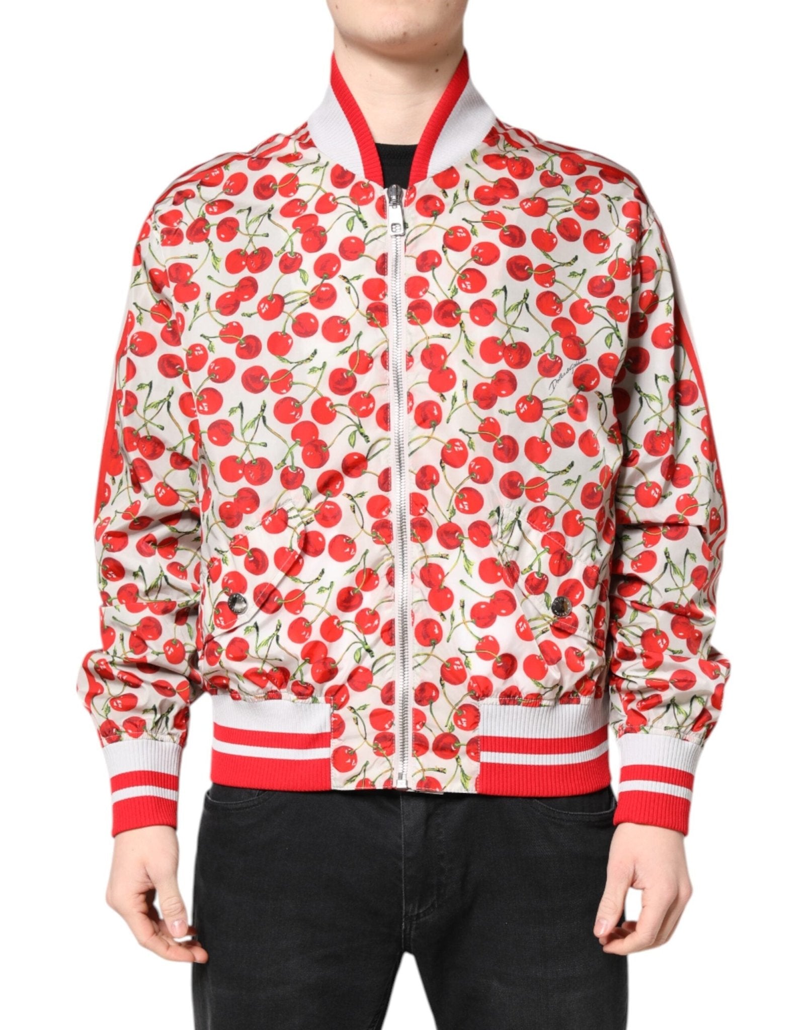 Dolce & Gabbana White Cherry Print Full Zip Bomber Jacket – IT52 | XL par Dolce & Gabbana | Disponible sur Sandy Store ByNet