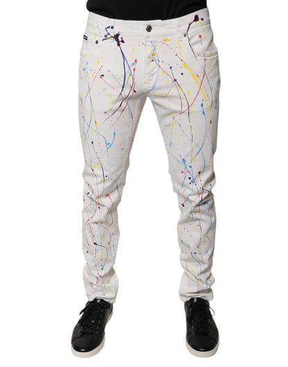 Dolce & Gabbana White Color Splash Print Skinny Denim Jeans – IT48 | M par Dolce & Gabbana | Disponible sur Sandy Store ByNet