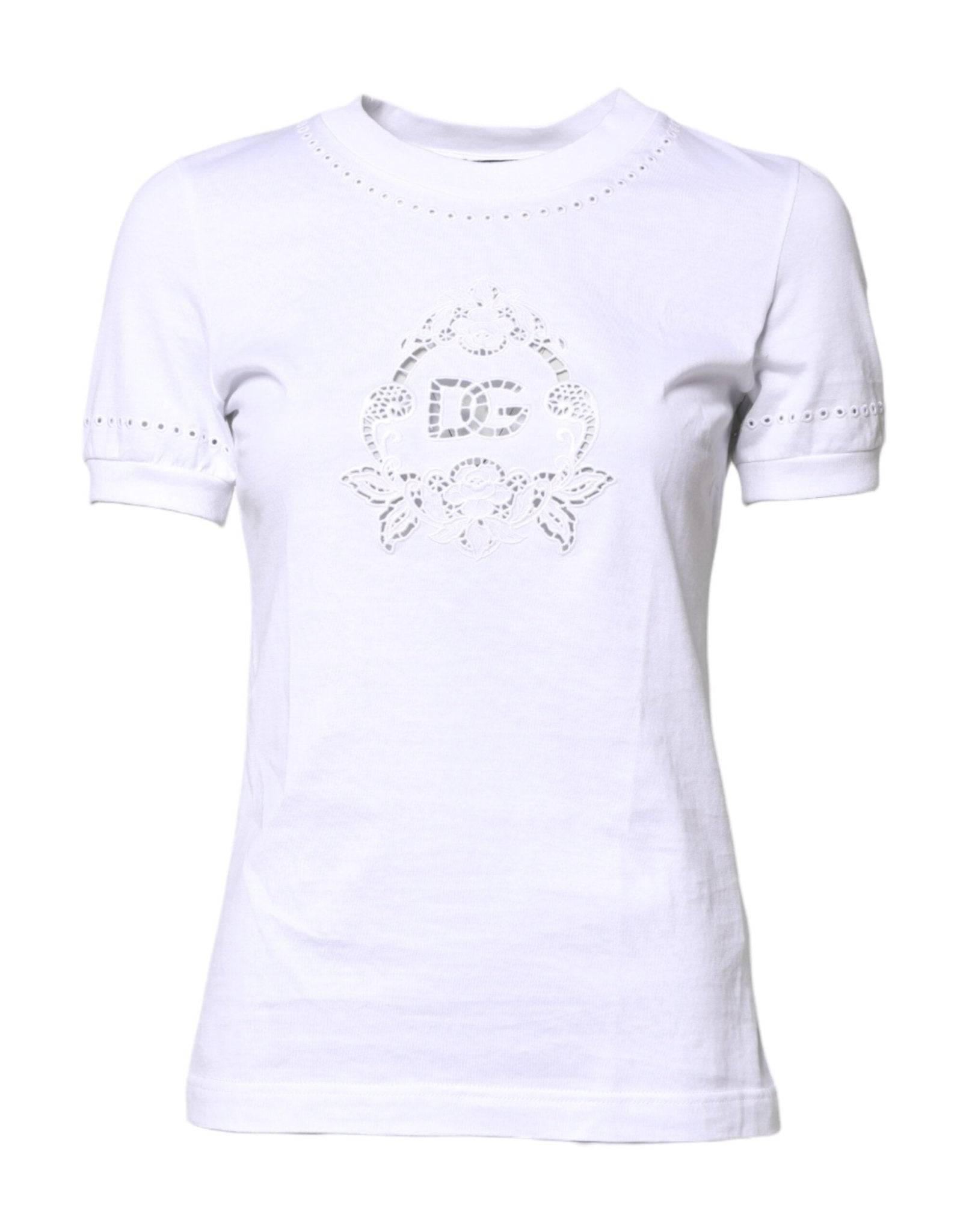 Dolce & Gabbana White Cotton Floral Logo Crew Neck T-shirt – IT36|XXS par Dolce & Gabbana | Disponible sur Sandy Store ByNet