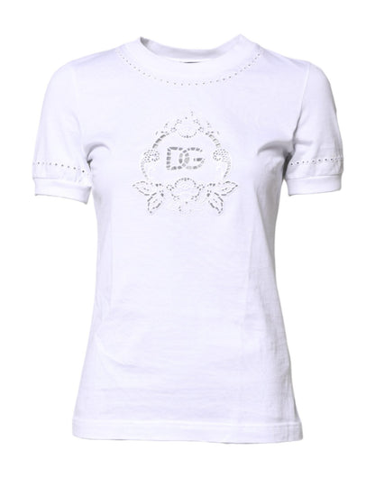 Dolce & Gabbana White Cotton Floral Logo Crew Neck T-shirt – IT36|XXS par Dolce & Gabbana | Disponible sur Sandy Store ByNet