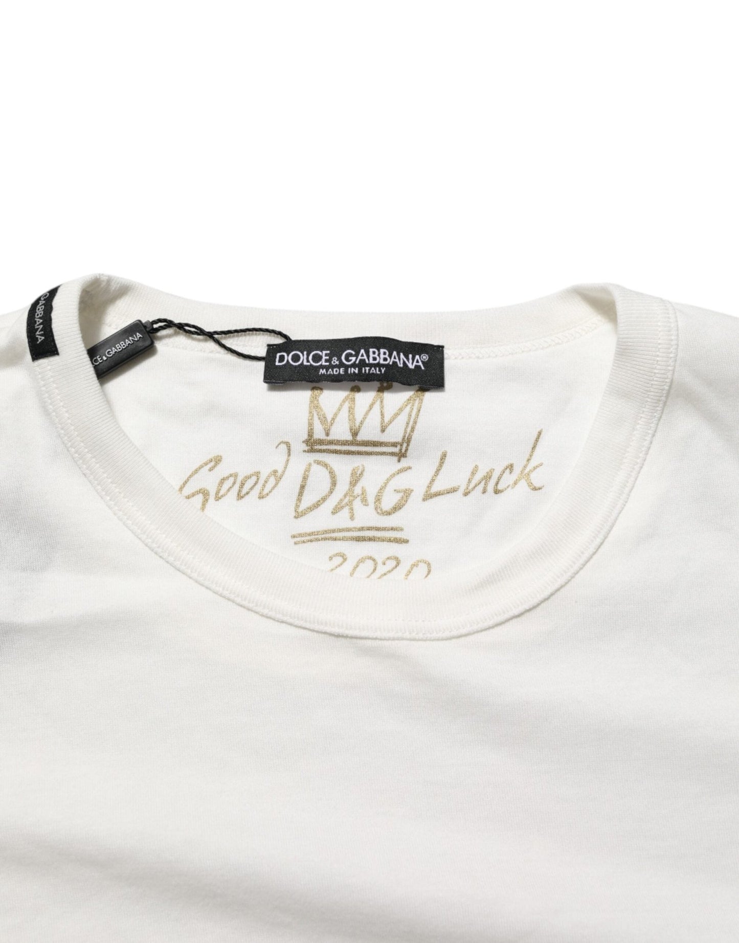 Dolce & Gabbana White Cotton Goodluck 2020 Crew Neck T-shirt – IT52 | XL par Dolce & Gabbana | Disponible sur Sandy Store ByNet