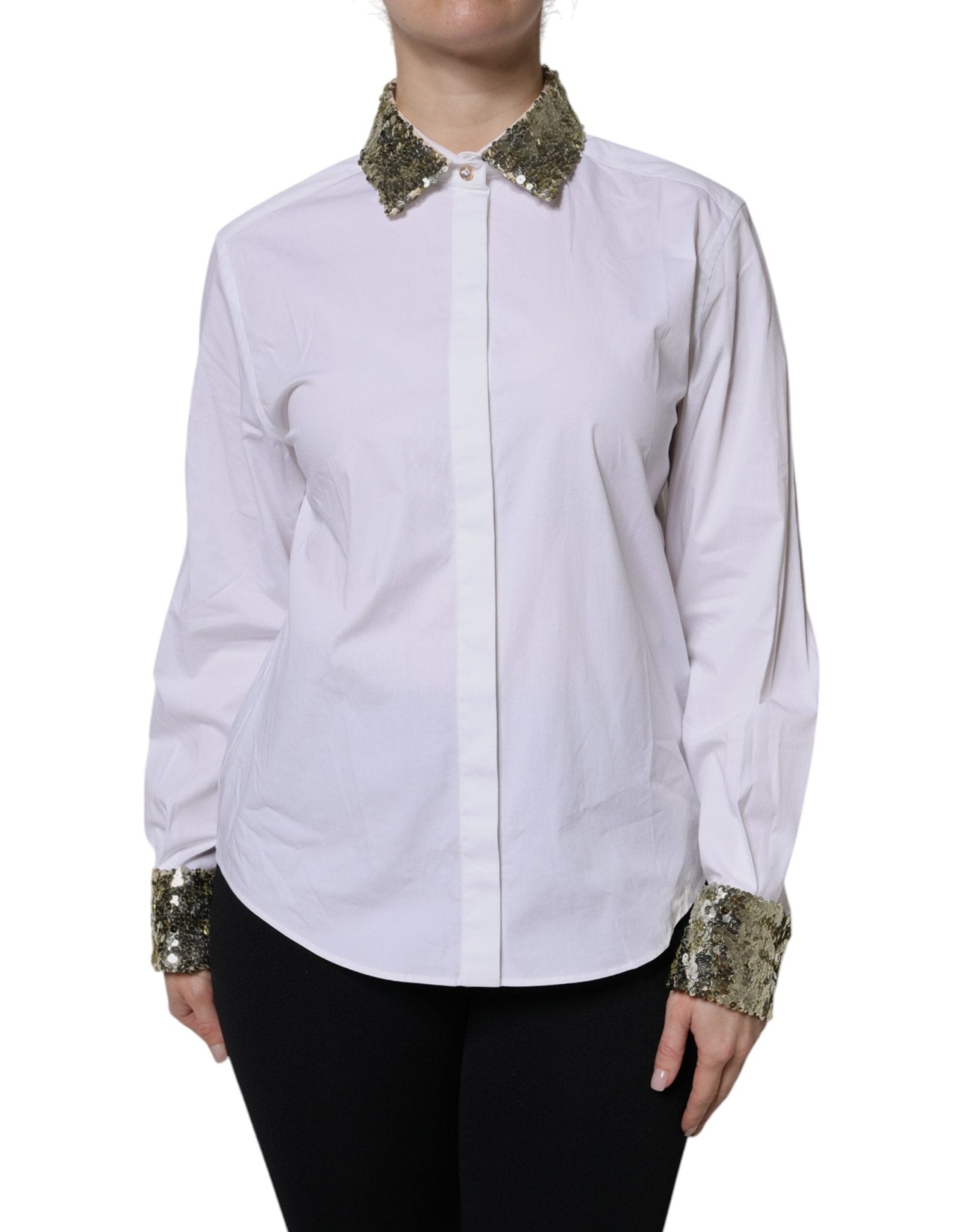Dolce & Gabbana White Cotton Long Sleeves Sequin Shirt Top – IT36|XXS par Dolce & Gabbana | Disponible sur Sandy Store ByNet