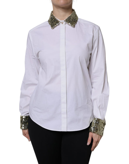 Dolce & Gabbana White Cotton Long Sleeves Sequin Shirt Top - Sandy Store ByNet