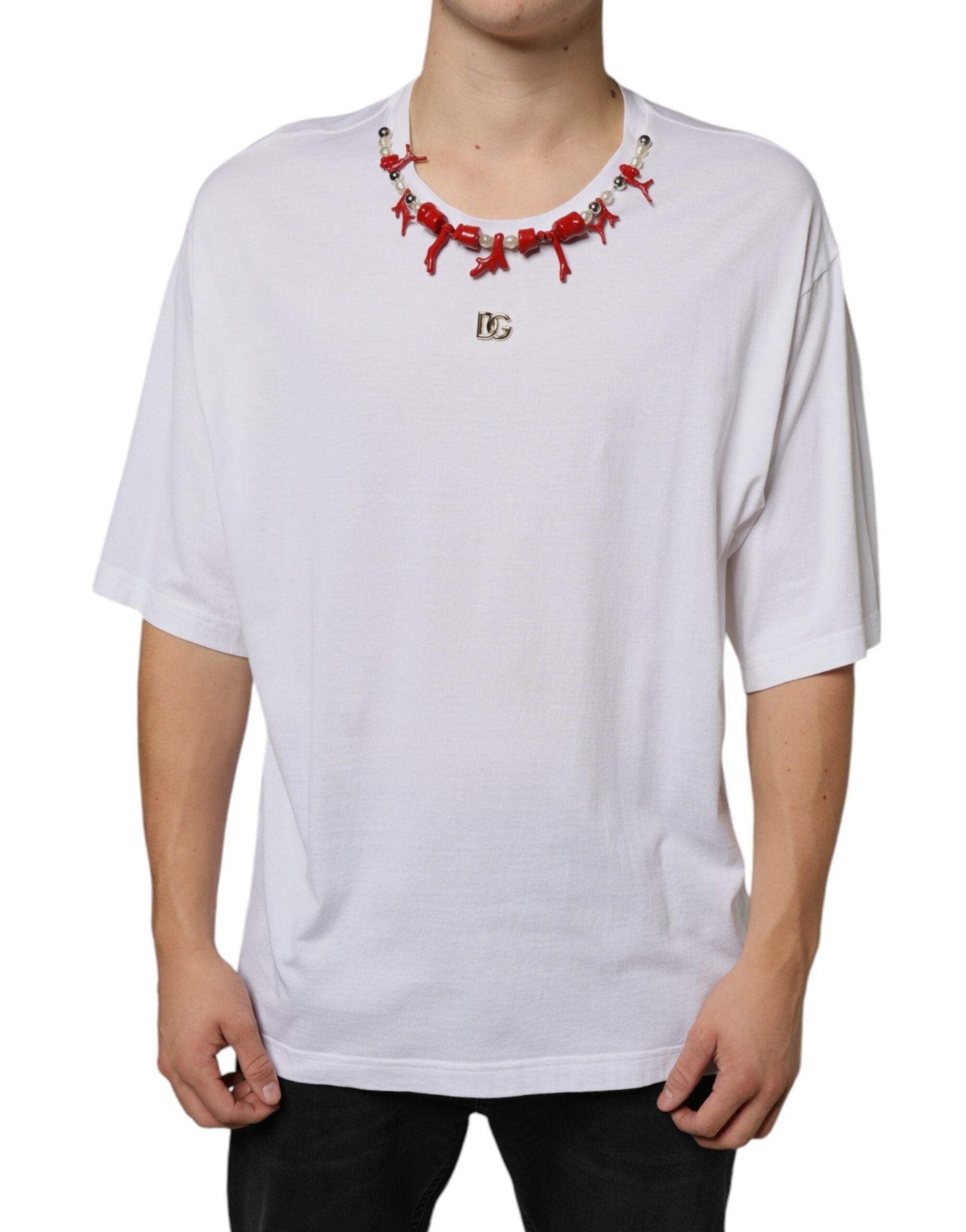 Dolce & Gabbana White Cotton Necklace Embellished T-shirt – IT58 | 3XL par Dolce & Gabbana | Disponible sur Sandy Store ByNet