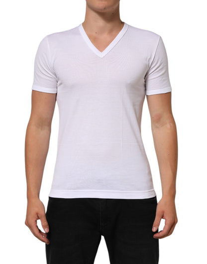 Dolce & Gabbana White Cotton V - Neck Short Sleeves T-shirt – IT58 | 3XL par Dolce & Gabbana | Disponible sur Sandy Store ByNet
