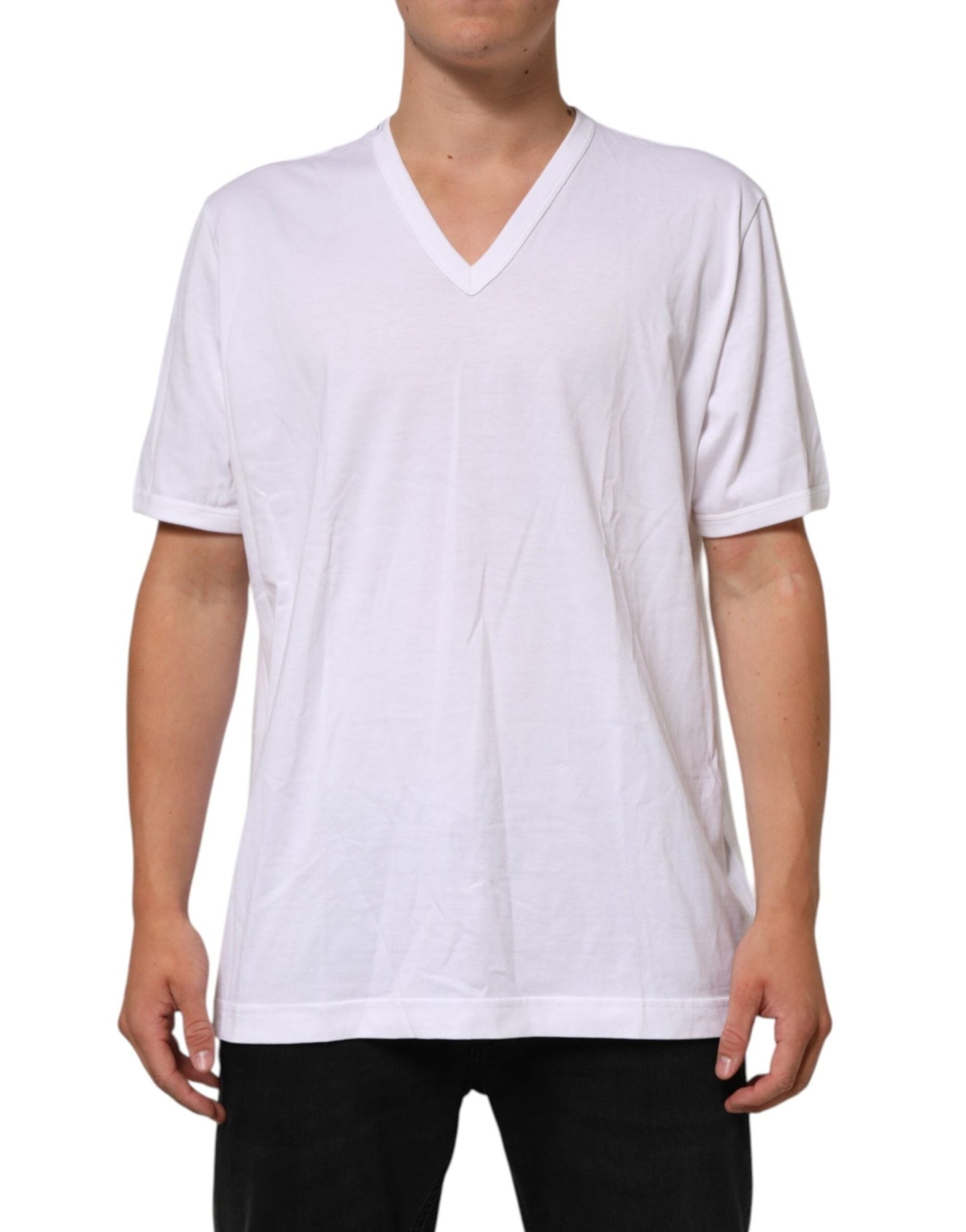 Dolce & Gabbana White Cotton V - Neck Short Sleeves T-shirt – IT60 | 3XL par Dolce & Gabbana | Disponible sur Sandy Store ByNet