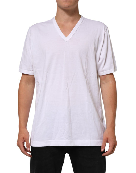 Dolce & Gabbana White Cotton V - Neck Short Sleeves T-shirt – IT60 | 3XL par Dolce & Gabbana | Disponible sur Sandy Store ByNet