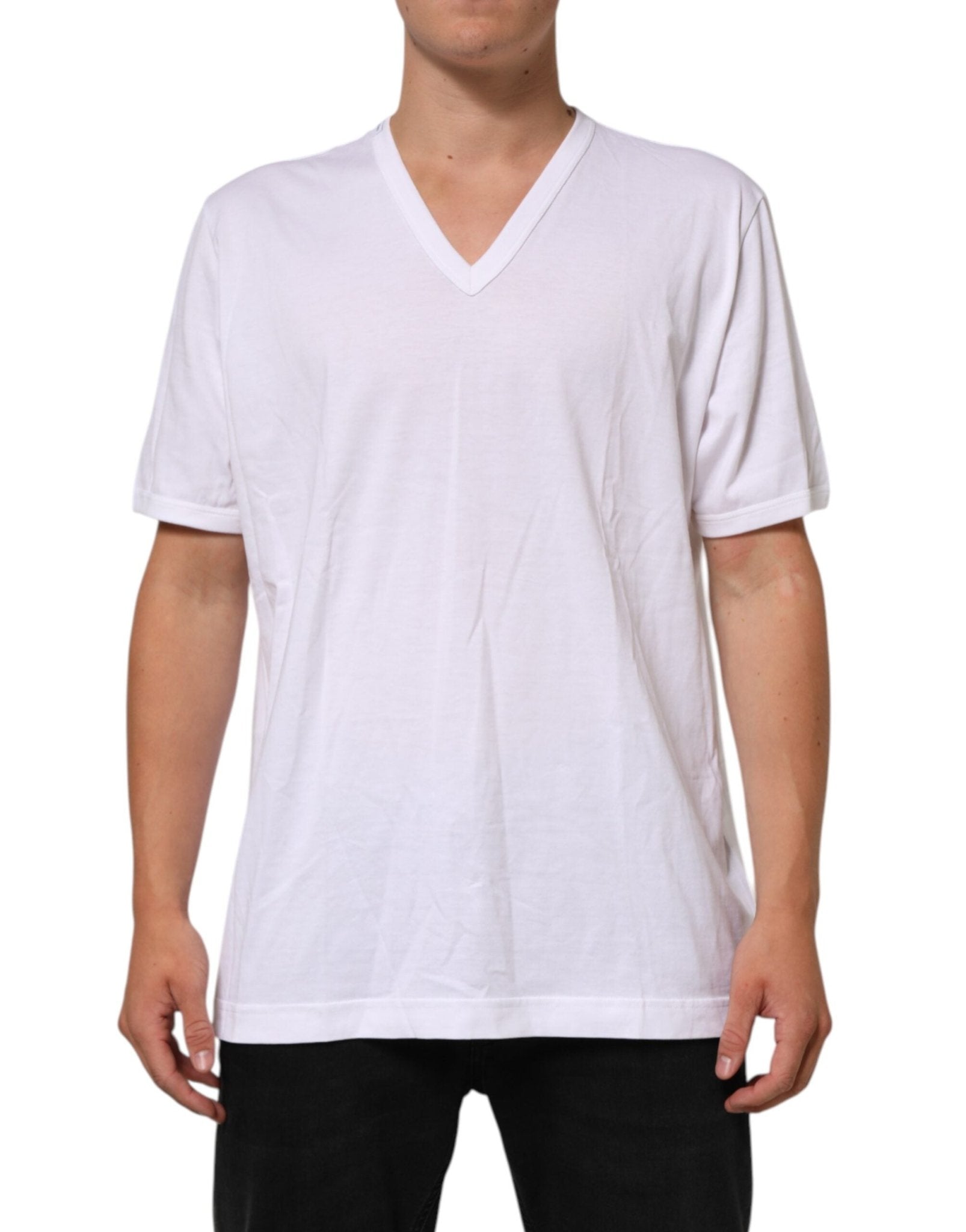 Dolce & Gabbana White Cotton V - Neck Short Sleeves T-shirt – IT60 | 3XL par Dolce & Gabbana | Disponible sur Sandy Store ByNet