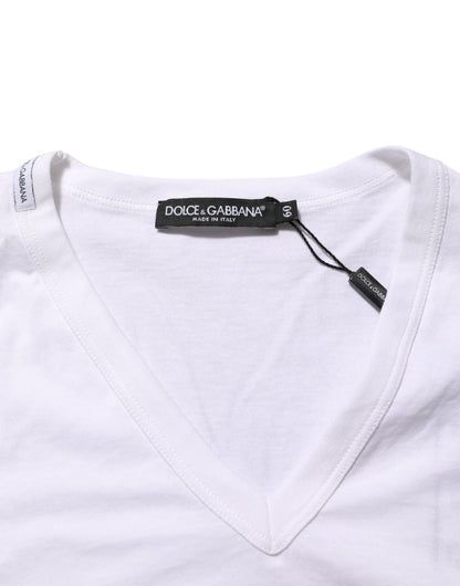 Dolce & Gabbana White Cotton V - Neck Short Sleeves T-shirt – IT60 | 3XL par Dolce & Gabbana | Disponible sur Sandy Store ByNet