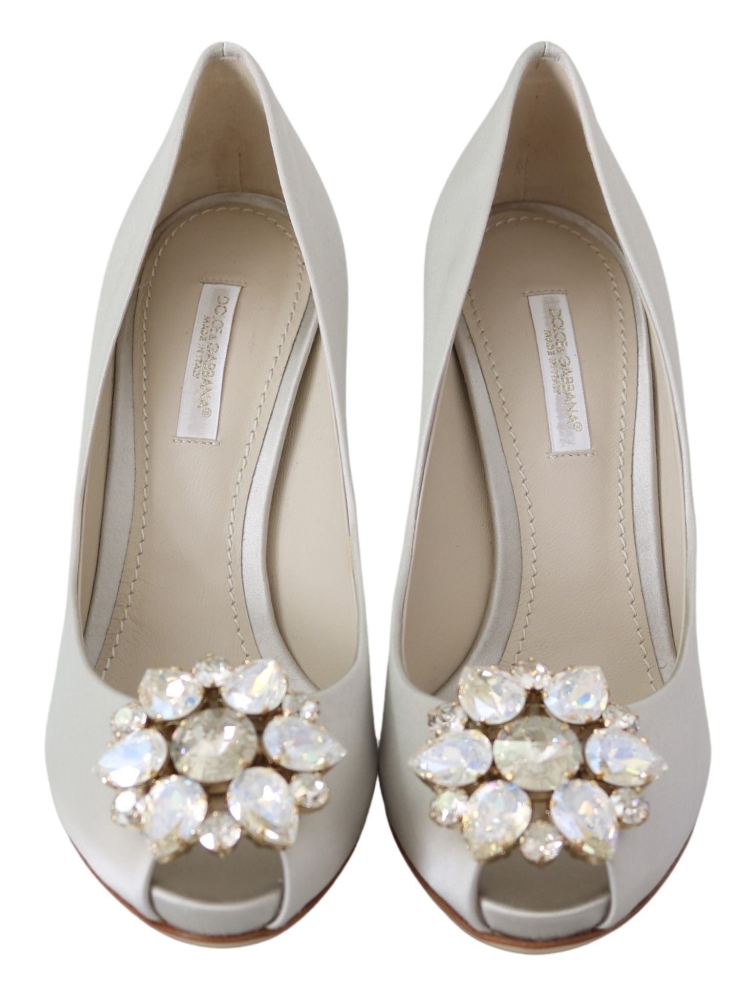 Dolce & Gabbana White Crystal Peep Toe Silk Blend Heels - Sandy Store ByNet