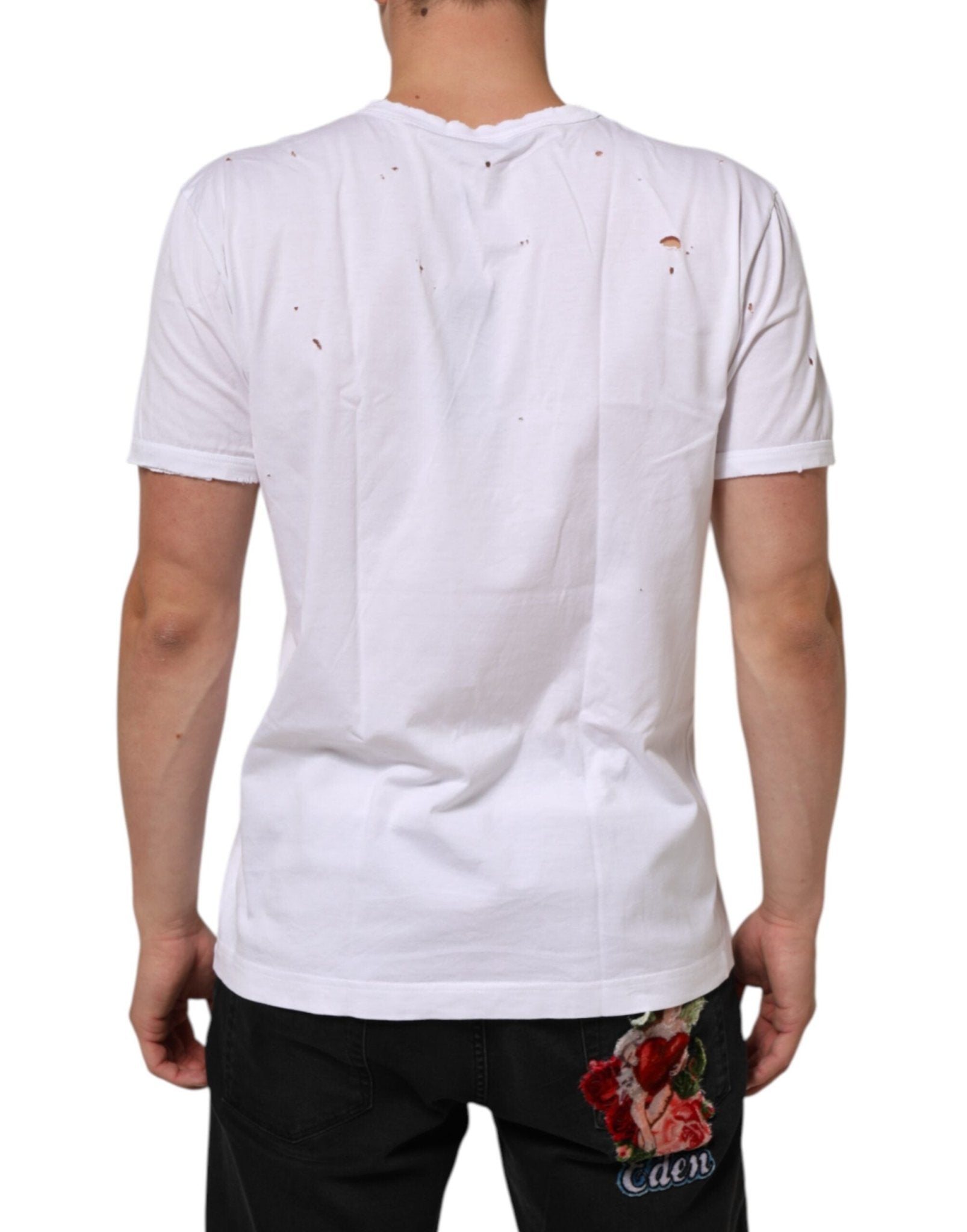 Dolce & Gabbana White Distressed Cotton V Neck Men T-shirt – IT48 | M par Dolce & Gabbana | Disponible sur Sandy Store ByNet