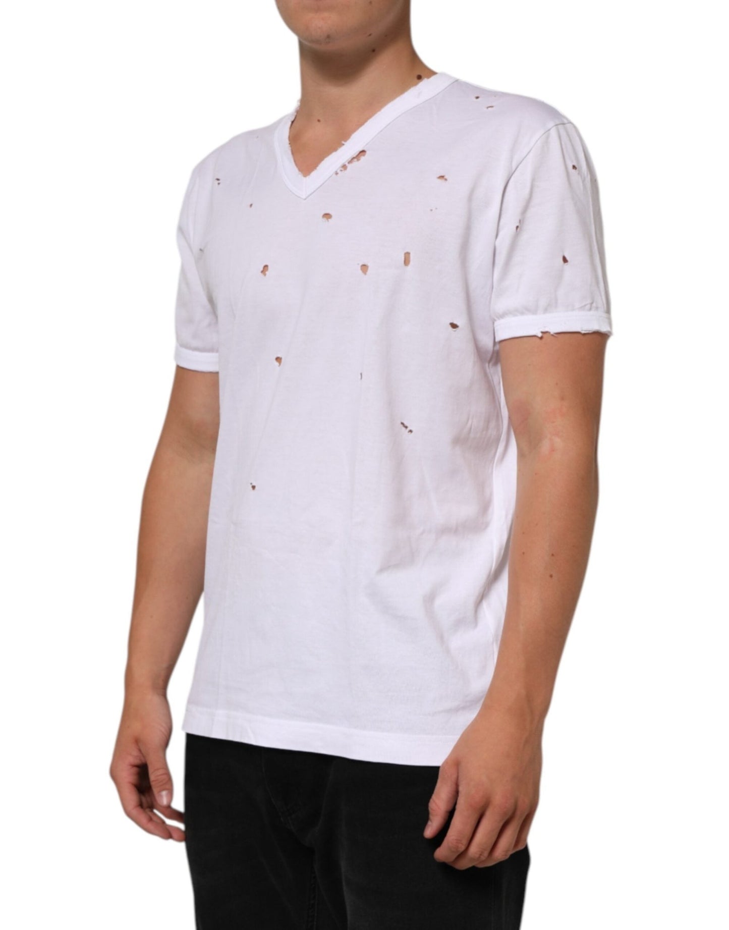 Dolce & Gabbana White Distressed Cotton V Neck Men T-shirt – IT48 | M par Dolce & Gabbana | Disponible sur Sandy Store ByNet