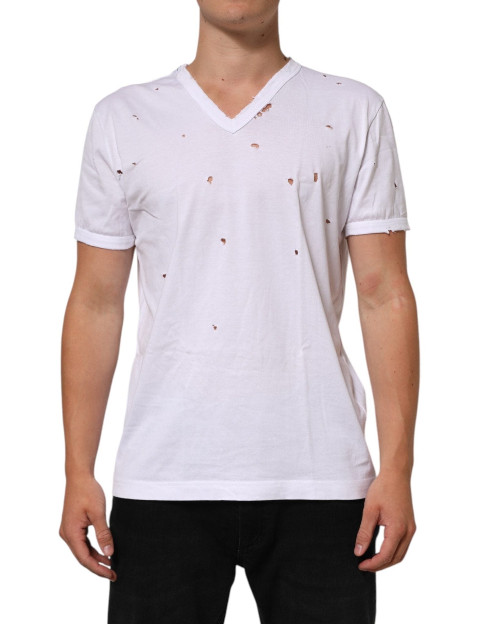 Dolce & Gabbana White Distressed Cotton V Neck Men T-shirt – IT48 | M par Dolce & Gabbana | Disponible sur Sandy Store ByNet