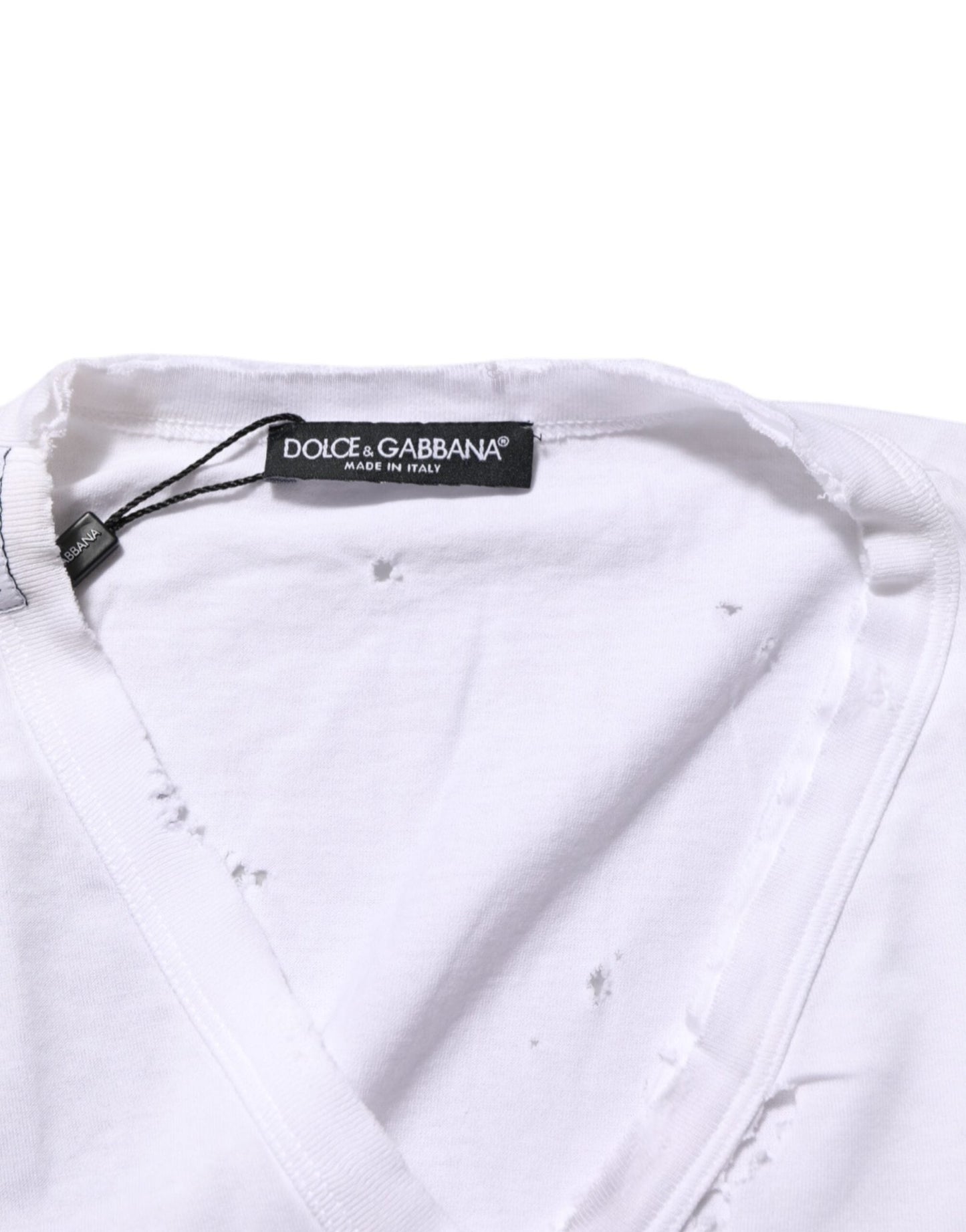 Dolce & Gabbana White Distressed Cotton V Neck Men T-shirt – IT48 | M par Dolce & Gabbana | Disponible sur Sandy Store ByNet
