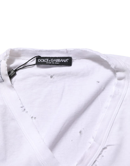Dolce & Gabbana White Distressed Cotton V Neck Men T-shirt – IT48 | M par Dolce & Gabbana | Disponible sur Sandy Store ByNet