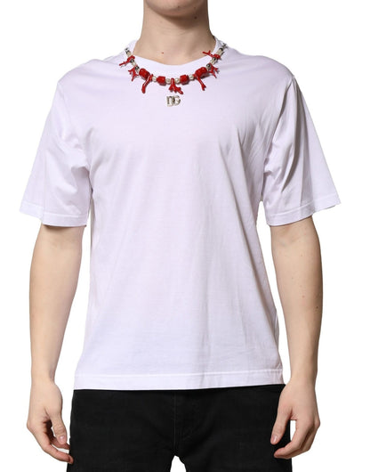 Dolce & Gabbana White Embellished Cotton Crew Neck T-shirt – IT48 | M par Dolce & Gabbana | Disponible sur Sandy Store ByNet