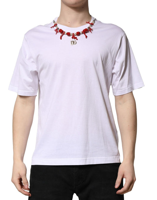 Dolce & Gabbana White Embellished Cotton Crew Neck T-shirt – IT48 | M par Dolce & Gabbana | Disponible sur Sandy Store ByNet