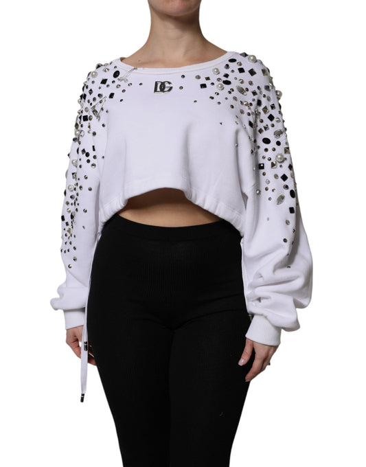 Dolce & Gabbana White Embellished Long Sleeve Cropped Sweater – IT40|S par Dolce & Gabbana | Disponible sur Sandy Store ByNet