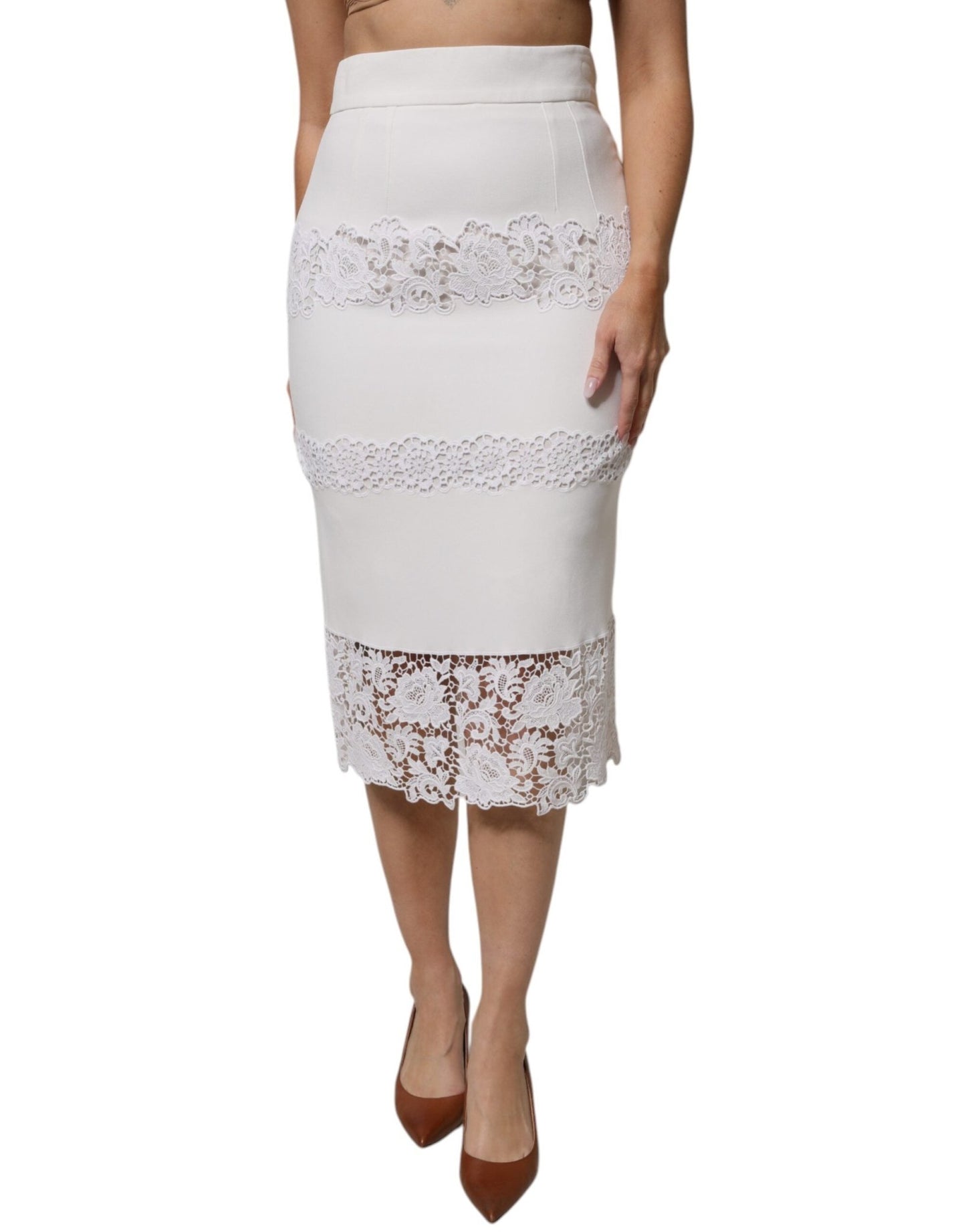 Dolce & Gabbana White Floral Lace High Waist Pencil Cut Skirt - Sandy Store ByNet