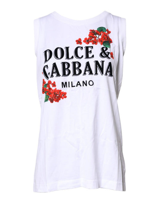 Dolce & Gabbana White Floral Printed Cotton Sleeveless T-shirt - Sandy Store ByNet