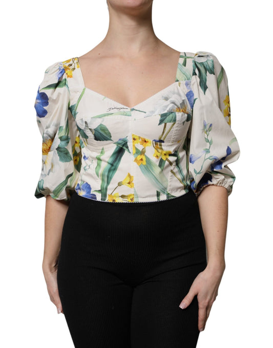 Dolce & Gabbana White Floral Puff Sleeves Crop Blouse Top – IT40|S par Dolce & Gabbana | Disponible sur Sandy Store ByNet