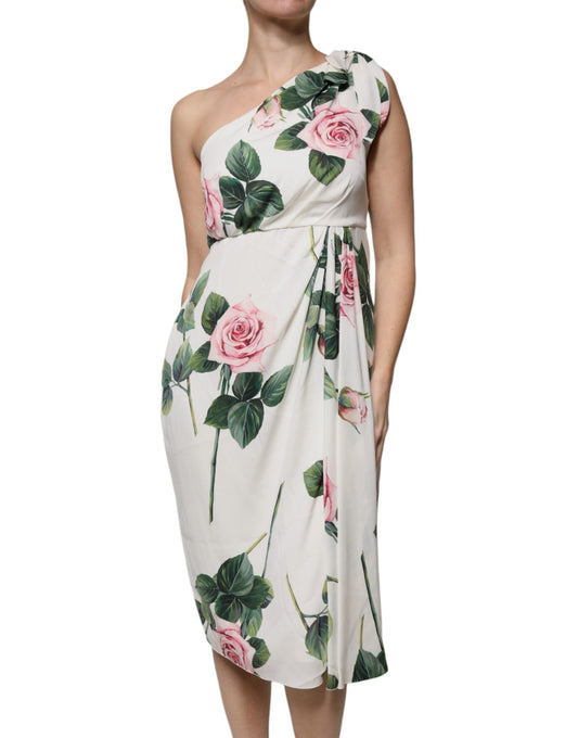Dolce & Gabbana White Floral Silk One Shoulder Midi Dress - Sandy Store ByNet