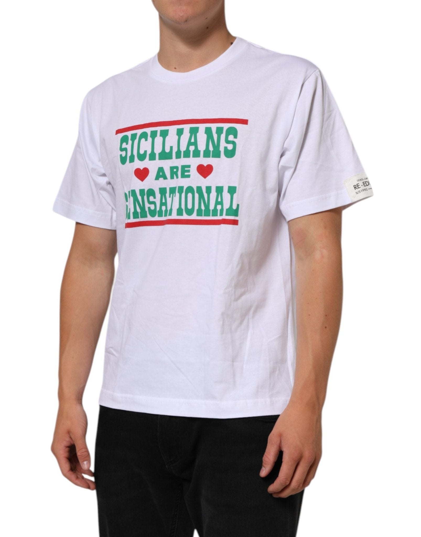 Dolce & Gabbana White Graphic Print Cotton Crew Neck T-shirt – IT46 | S par Dolce & Gabbana | Disponible sur Sandy Store ByNet
