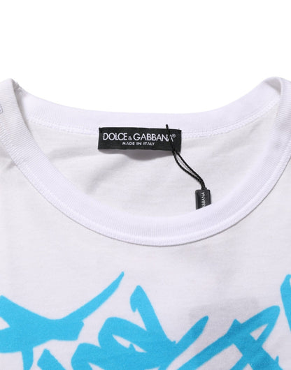 Dolce & Gabbana White Graphic Print Cotton Crew Neck T-shirt – IT48 | M par Dolce & Gabbana | Disponible sur Sandy Store ByNet