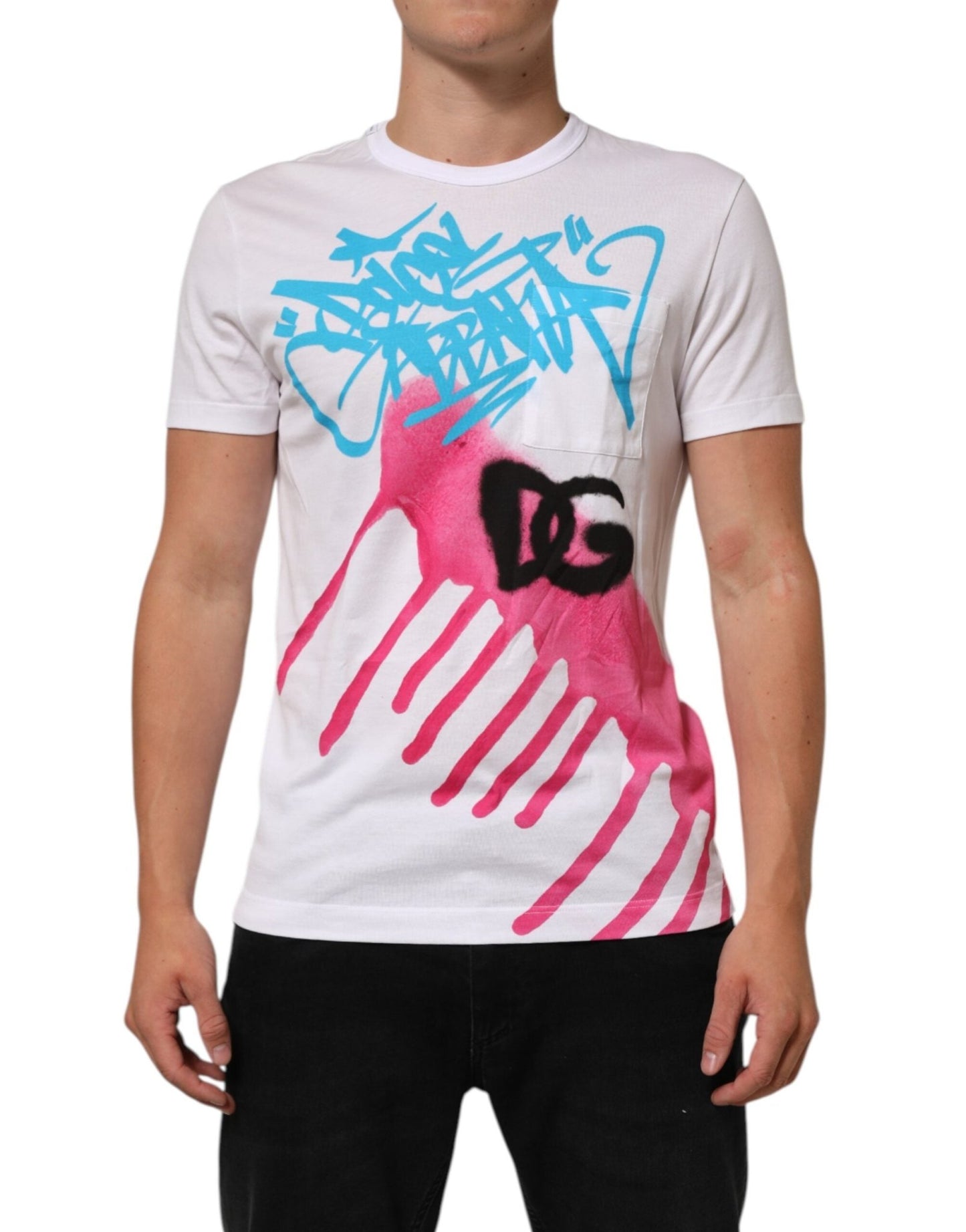 Dolce & Gabbana White Graphic Print Cotton Crew Neck T-shirt – IT48 | M par Dolce & Gabbana | Disponible sur Sandy Store ByNet