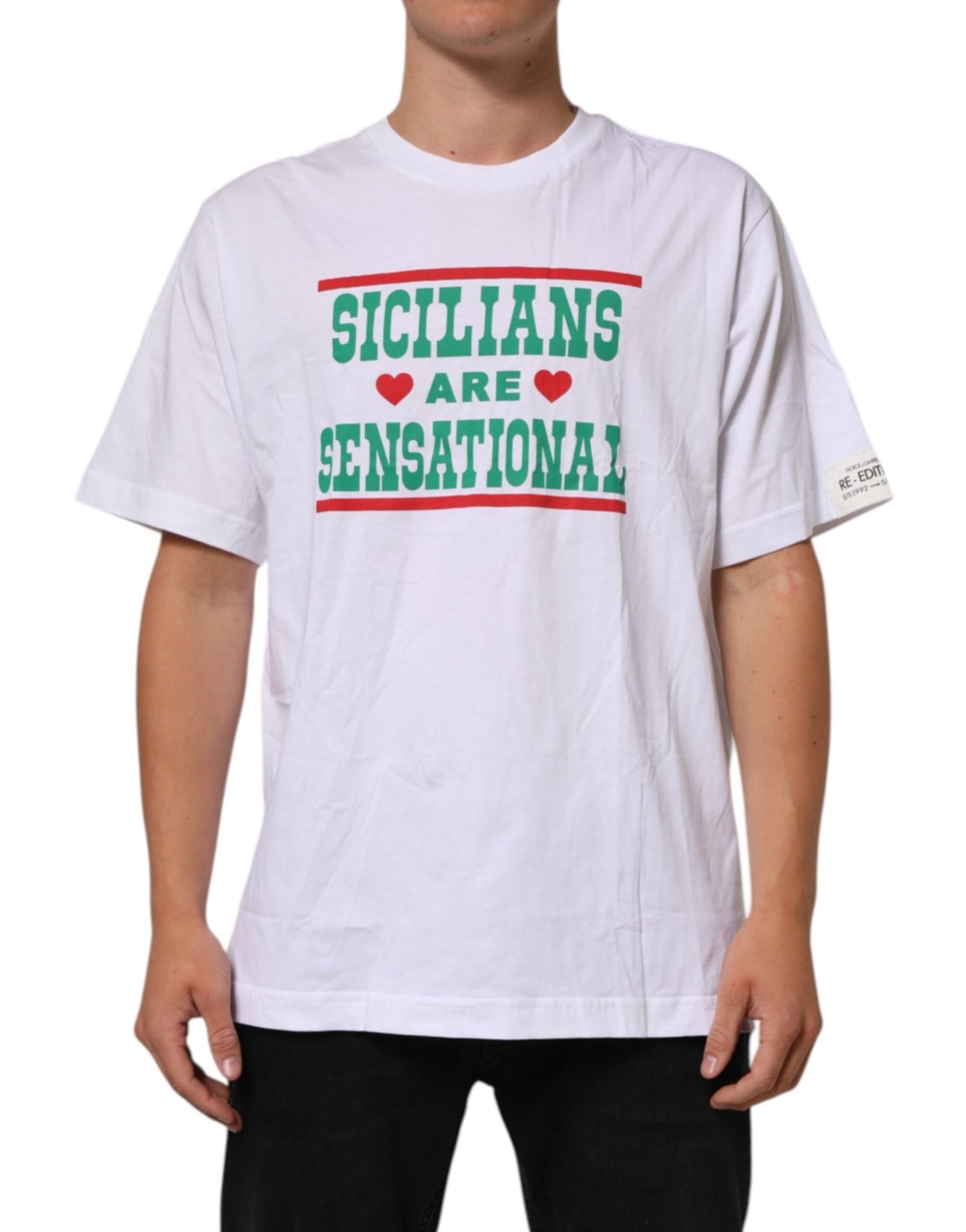 Dolce & Gabbana White Graphic Print Cotton Crew Neck T-shirt – IT54 | XL par Dolce & Gabbana | Disponible sur Sandy Store ByNet
