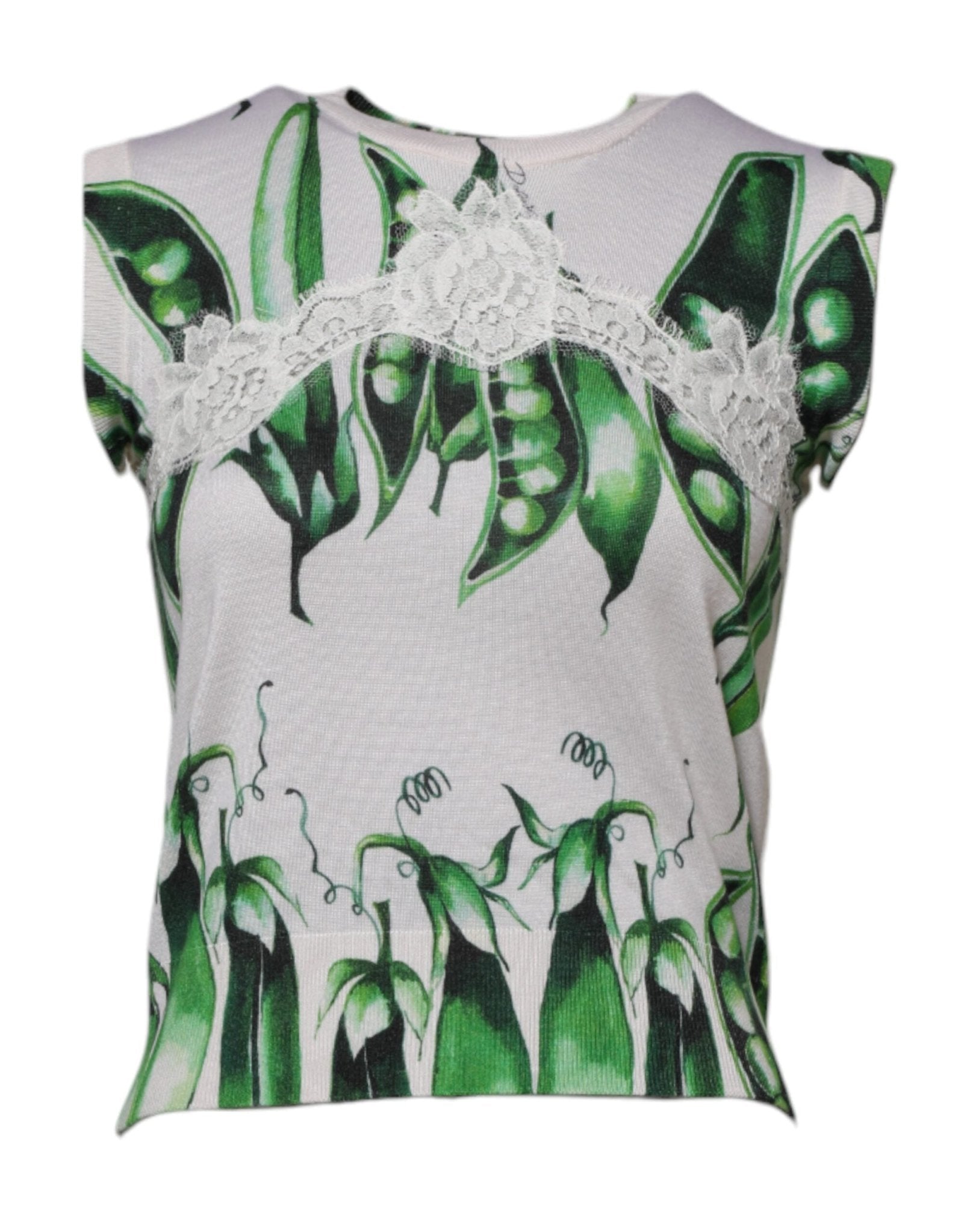 Dolce & Gabbana White Green Pea Print Sleeveless Blouse Top – IT36|XXS par Dolce & Gabbana | Disponible sur Sandy Store ByNet