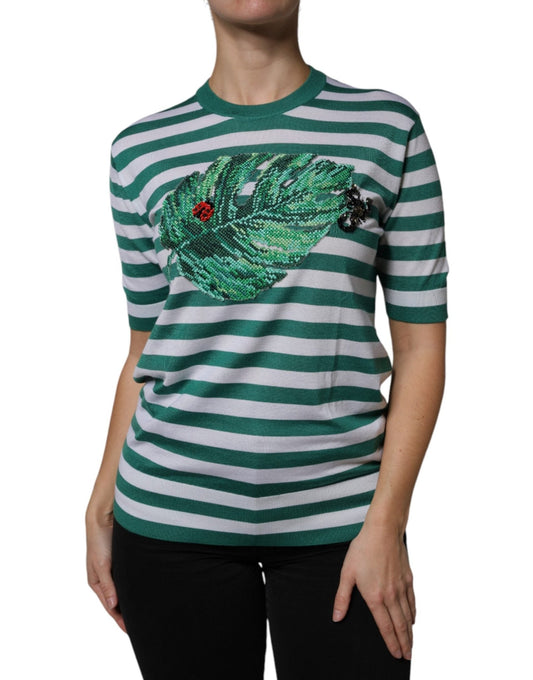 Dolce & Gabbana White Green Stripe Leaf Crew Neck T-shirt – IT36 | XS par Dolce & Gabbana | Disponible sur Sandy Store ByNet