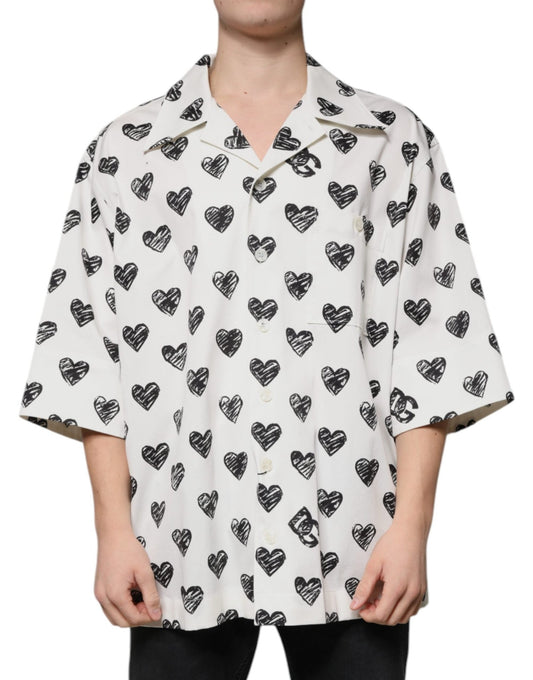 Dolce & Gabbana White Heart Print Short Sleeve Casual Shirt - Sandy Store ByNet