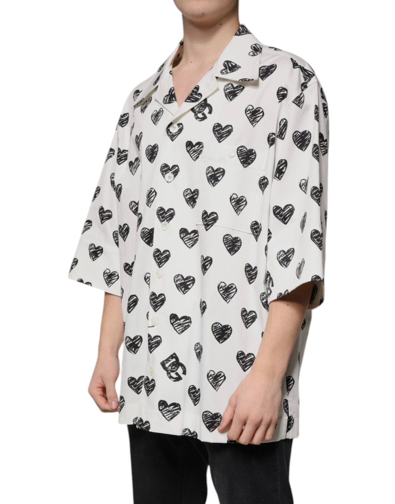 Dolce & Gabbana White Heart Print Short Sleeve Casual Shirt - Sandy Store ByNet