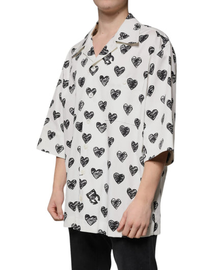 Dolce & Gabbana White Heart Print Short Sleeve Casual Shirt - Sandy Store ByNet