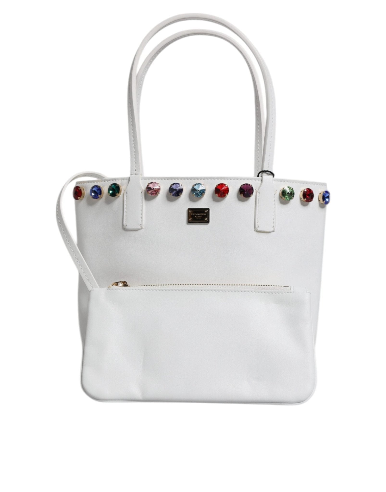 Dolce & Gabbana White Leather Crystal DG Logo Shoulder Tote Bag - Sandy Store ByNet