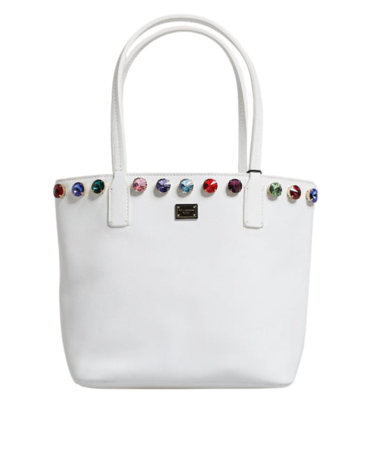 Dolce & Gabbana White Leather Crystal DG Logo Shoulder Tote Bag - Sandy Store ByNet