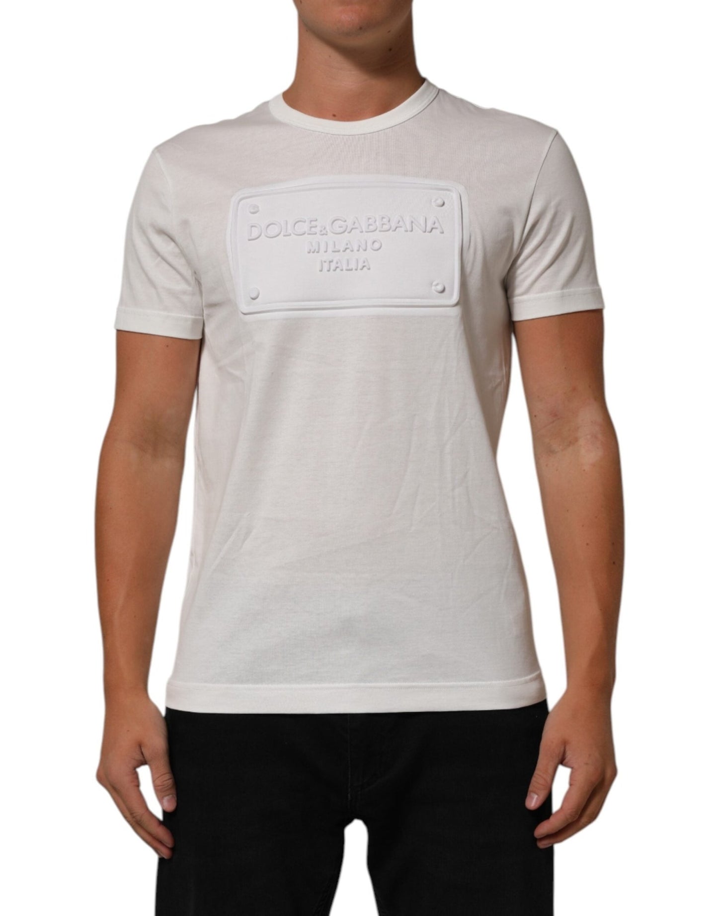 Dolce & Gabbana White Logo Patch Cotton Crew Neck Men T-shirt – IT48 | M par Dolce & Gabbana | Disponible sur Sandy Store ByNet