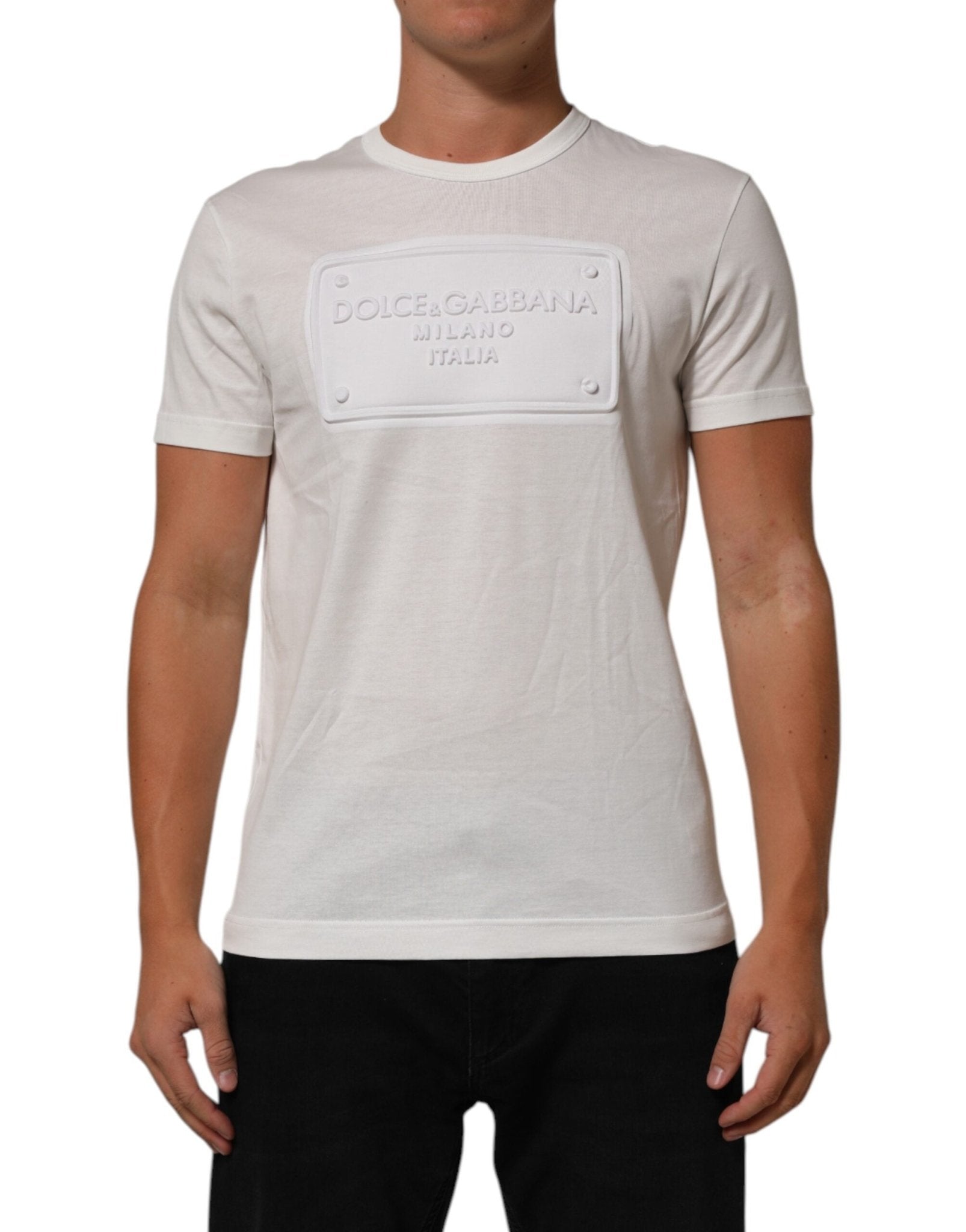 Dolce & Gabbana White Logo Patch Cotton Crew Neck Men T-shirt – IT48 | M par Dolce & Gabbana | Disponible sur Sandy Store ByNet