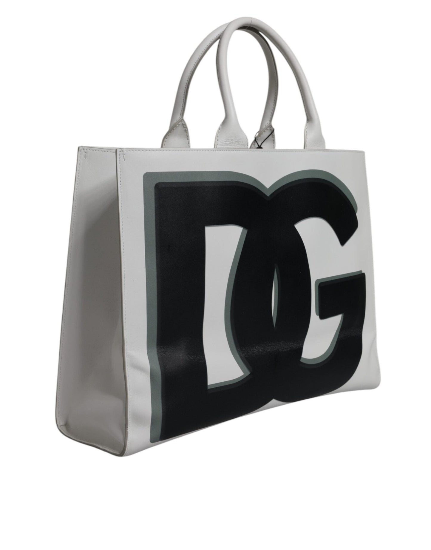 Dolce & Gabbana White Logo Print DG Daily Calfskin Shopping Tote Bag - Sandy Store ByNet