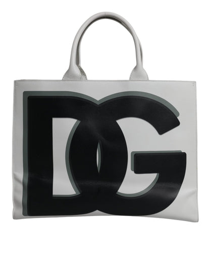 Dolce & Gabbana White Logo Print DG Daily Calfskin Shopping Tote Bag - Sandy Store ByNet