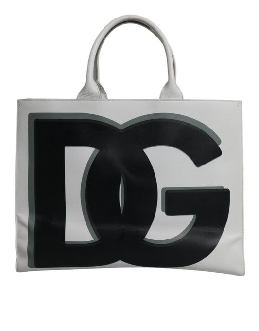 Dolce & Gabbana White Logo Print DG Daily Calfskin Shopping Tote Bag - Sandy Store ByNet